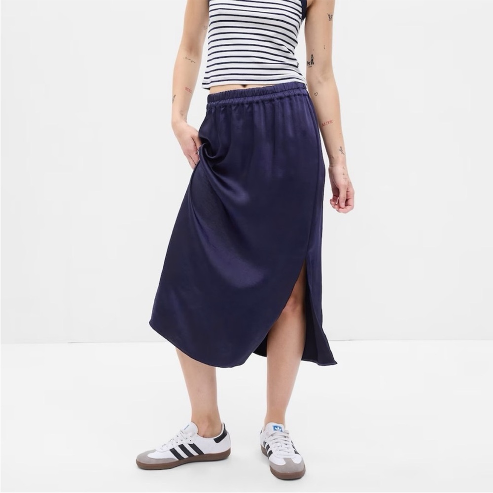 Gap Navy Satin Side-Slit Midi Pull On Skirt